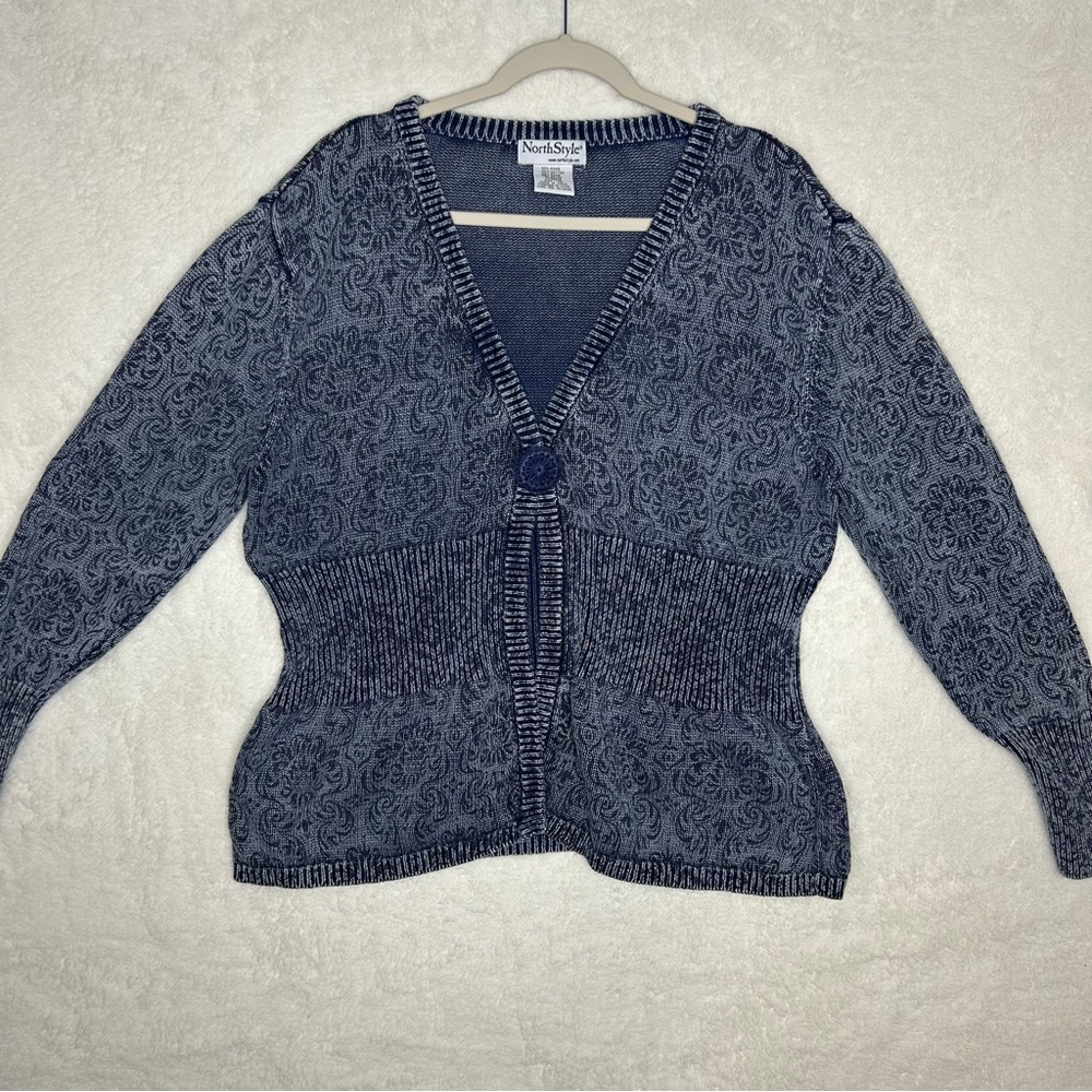 North Style Blue Sweater One Snap Button Cardigan Washed Denim Look Plus Size 1X